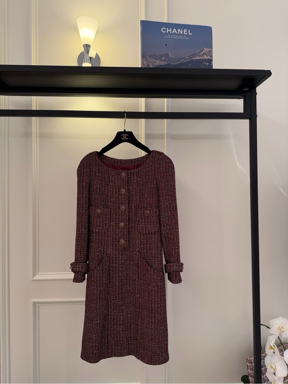 CHANEL Burgundy Tweed Long-Sleeve Button Dress